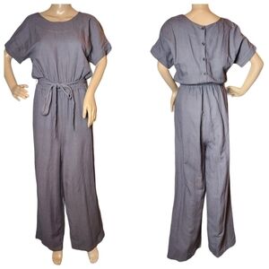 Mo:vint Linen-Blend Grey Wideleg Jumpsuit Belted Eastic Waist Pockets Small